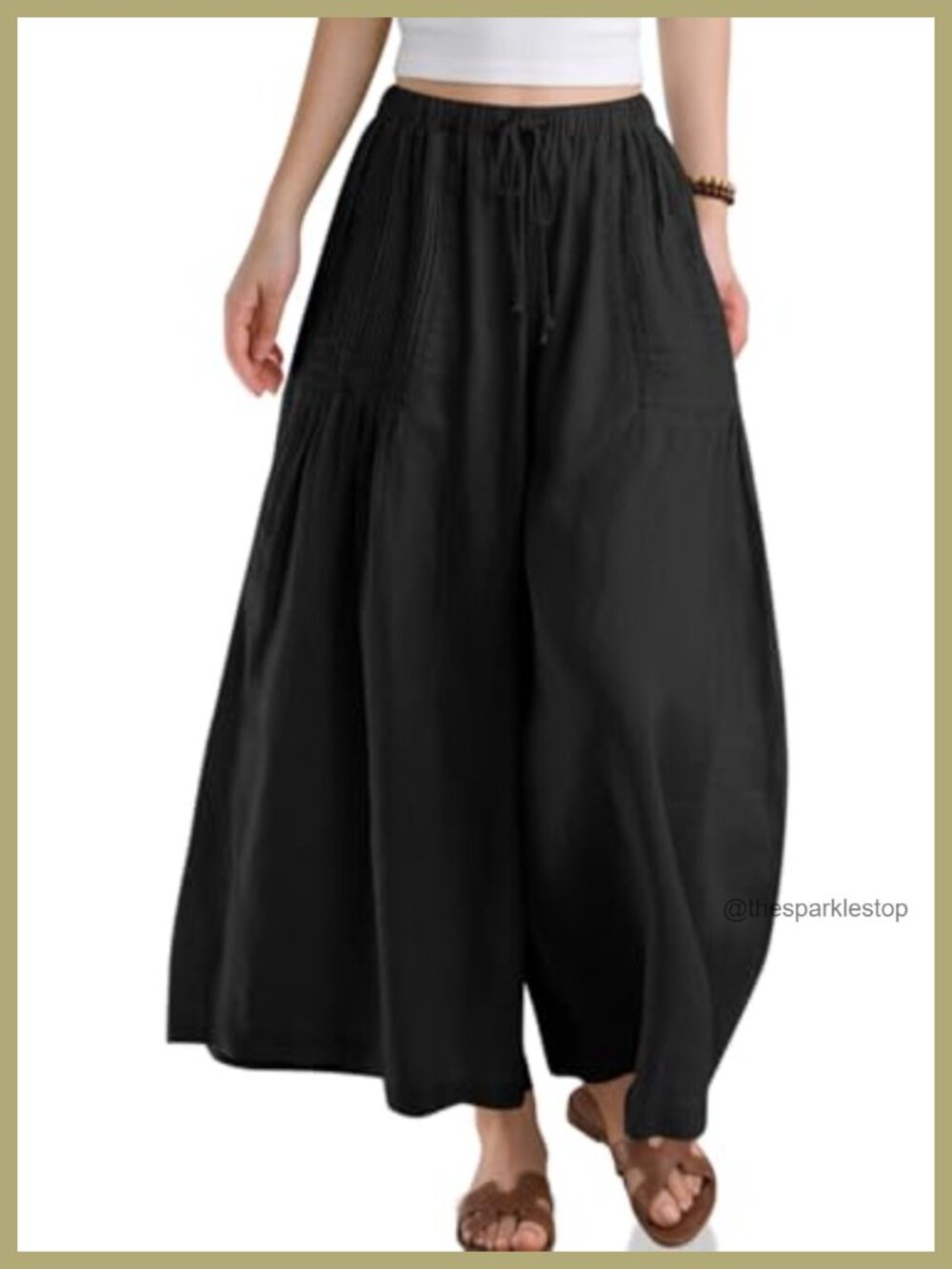 Linen Wide Leg Palazzo Pants with Pockets Elastic Waist Beach Yoga